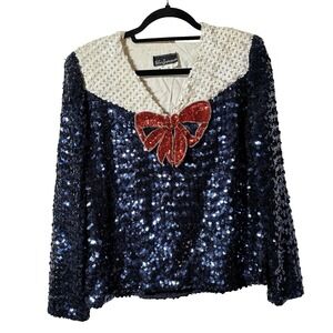 70s Sequined Vintage Top Red White Blue Bow Retro Pin Up Sailor Blouse Joed Sz S